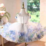 Elegant White & Pastel Blue Flower Girl Princess Dress