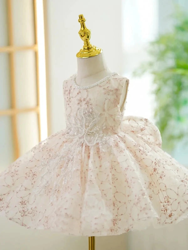 Elegant Lace Applique Girl's Formal Dress with Pearl Bodice
