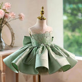 Elegant Sage Green Beaded Flower Girl Dress with Matching Headband - CupcakePageantDress