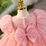 Pink Sparkly Princess Dress for Toddler Girls with Puff Sleeve - CupcakePageantDress