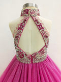 Fuchsia Beaded Bodice Child Halter Long Pageant Dress