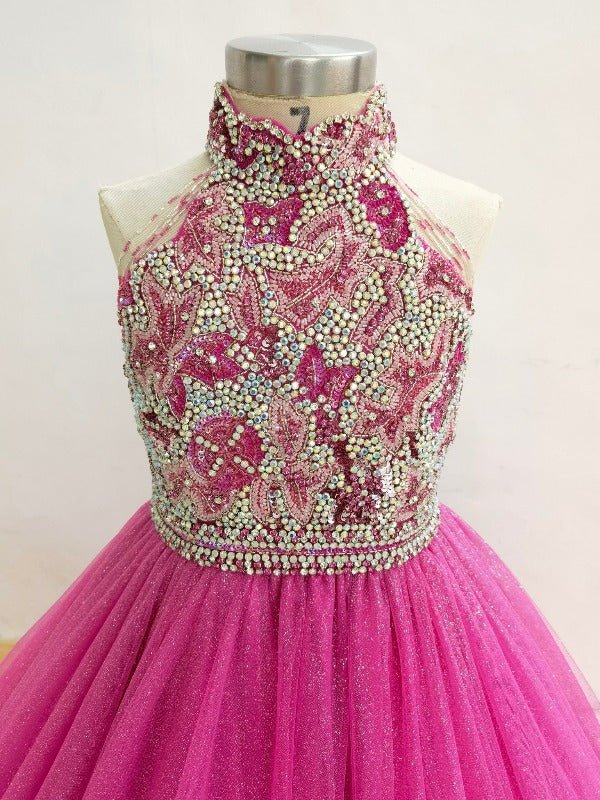 Fuchsia Beaded Bodice Child Halter Long Pageant Dress - CupcakePageantDress