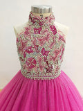 Fuchsia Beaded Bodice Child Halter Long Pageant Dress