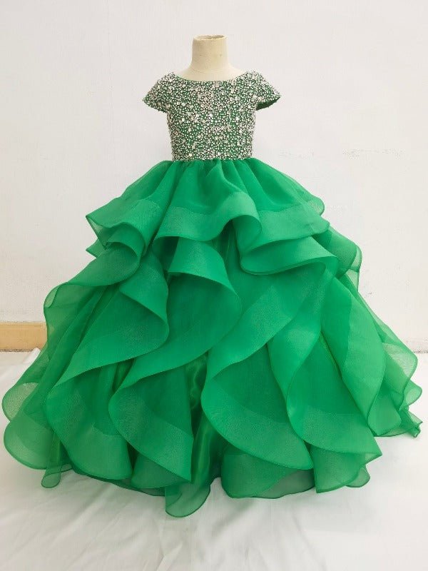 Cap Sleeve Apple Green Teen Beaded Bodice Long Pageant Dress