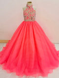 Stunning Little Child Glitzy Beaded Bodice Long Coral Pageant Dress - CupcakePageantDress