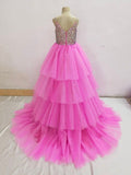 Custom Made Multi-layer Hi-low Pink Tulle Glitz Prom Dress