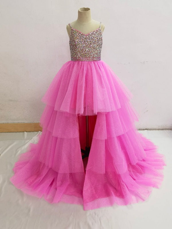 Custom Made Multi-layer Hi-low Pink Tulle Glitz Prom Dress