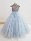 Cap Sleeve Floor long Sky Blue Multilayer Vogue Pageant Dress