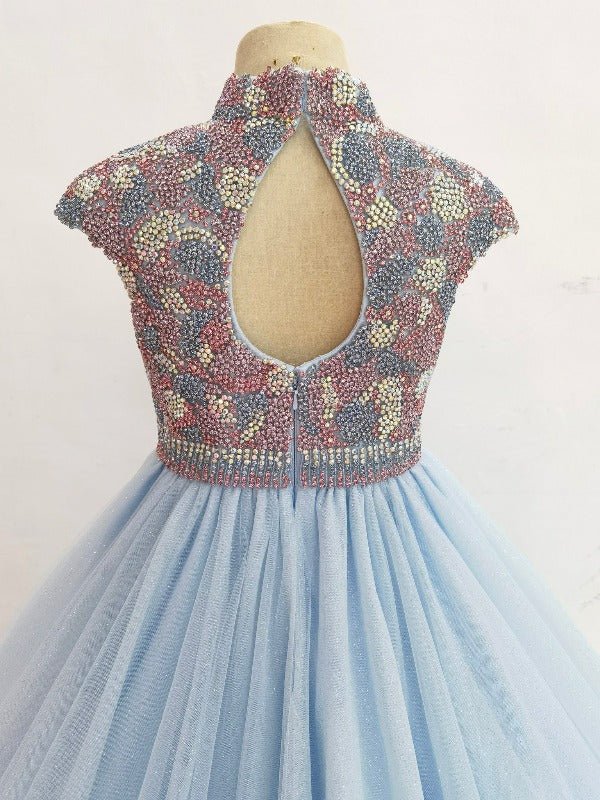 Cap Sleeve Floor long Sky Blue Multilayer Vogue Pageant Dress - CupcakePageantDress