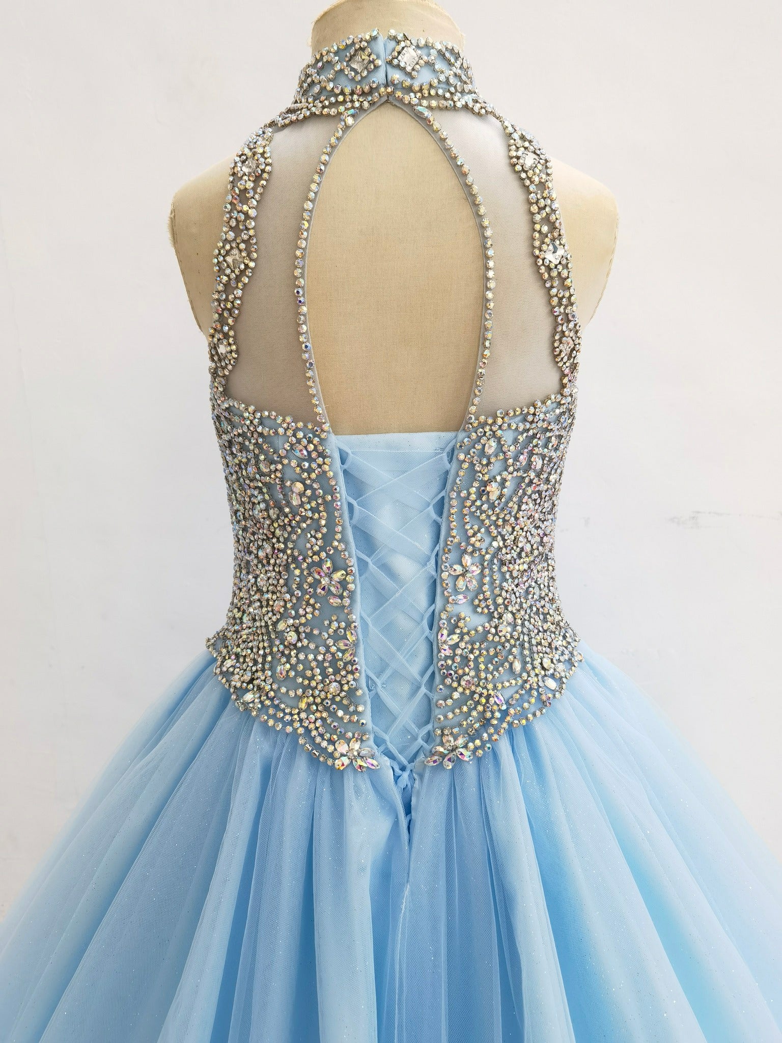 Halter Glitzy Beaded Bodice Exquisite Sky - blue Long Formal Gown - CupcakePageantDress