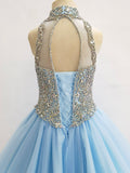 Halter Glitz Beaded Bodice Exquisite Sky-blue Long Formal Gown