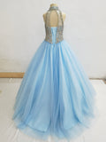 Halter Glitzy Beaded Bodice Exquisite Sky - blue Long Formal Gown - CupcakePageantDress