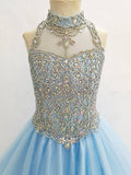Halter Glitzy Beaded Bodice Exquisite Sky - blue Long Formal Gown - CupcakePageantDress