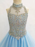 Halter Glitz Beaded Bodice Exquisite Sky-blue Long Formal Gown