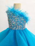 Little Child Glitz Beaded Bodice Long Prom Dress with Feather
