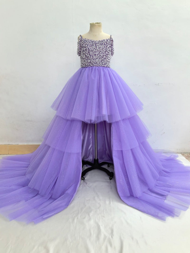 Custom Made Little Gril Pearls Lilac Hi-low Pageant Dress