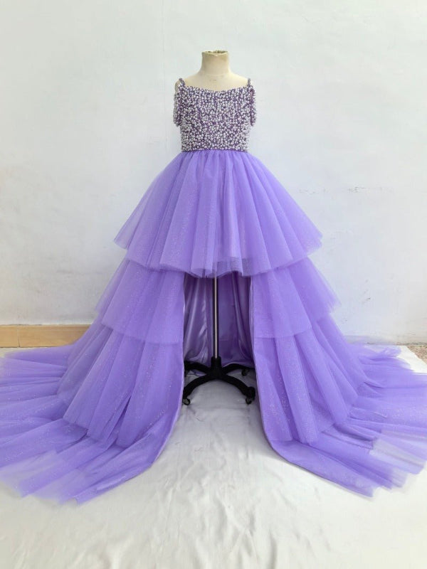 Custom Made Little Gril Pearls Lilac Hi - low Pageant Dress - CupcakePageantDress