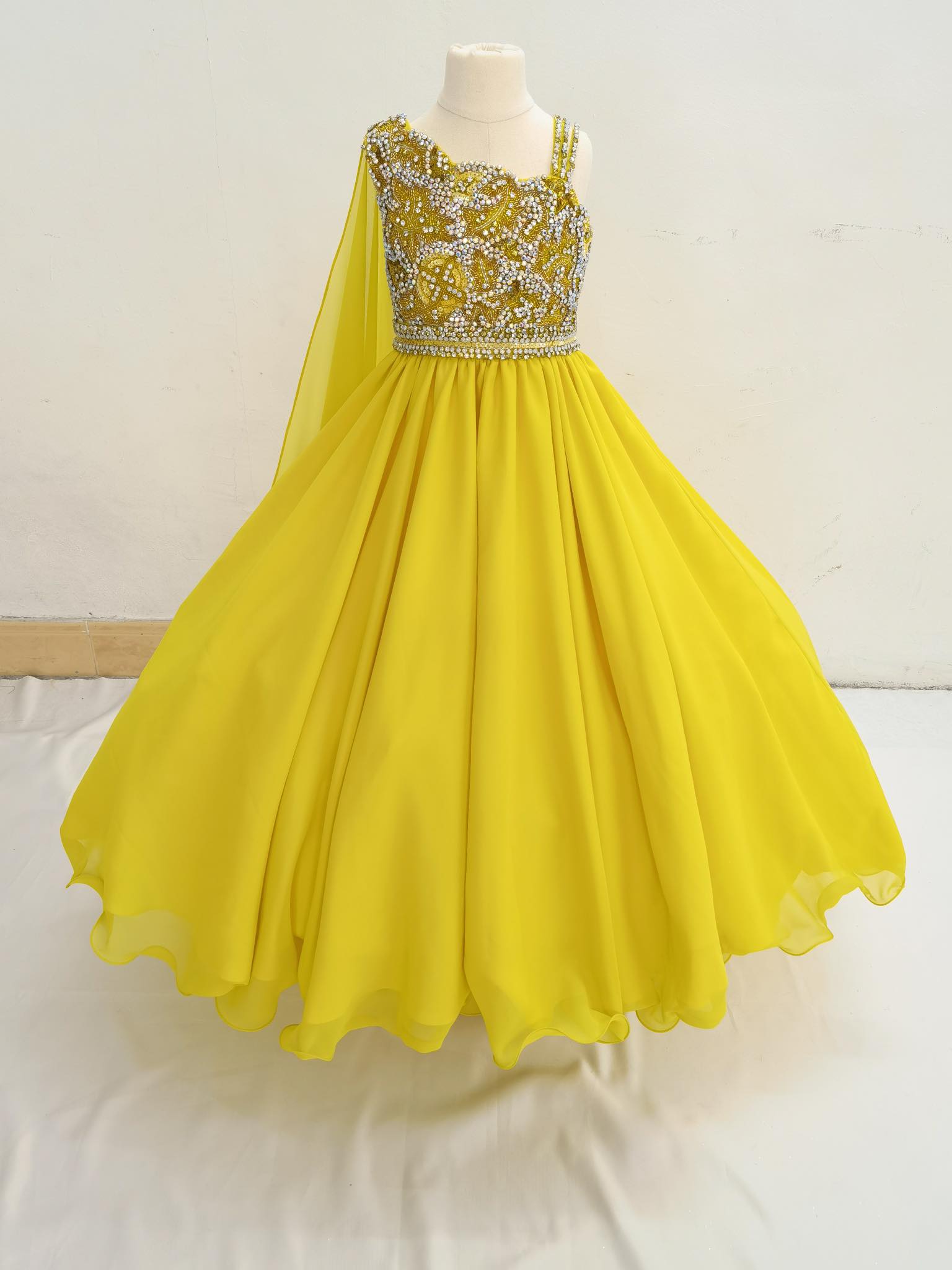 Yellow Glitz Heavy Beaded Bodice Child Pageant Dress with Long Shawl