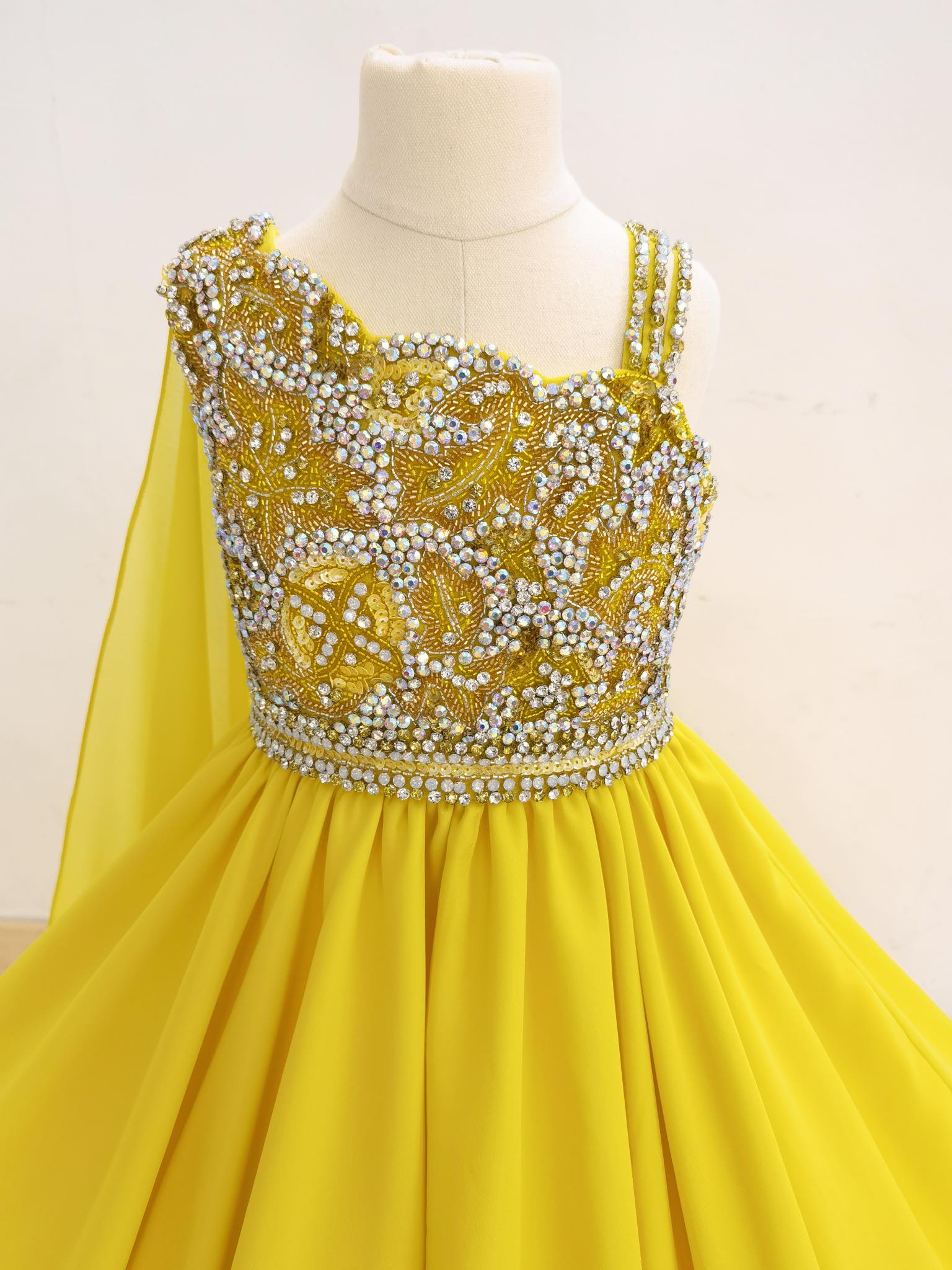 Yellow Glitz Heavy Beaded Bodice Child Pageant Dress with Long Shawl