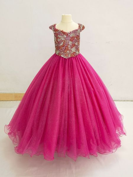 Fuchsia A Line Glitz Beaded Bodice Little Girl Pageant Dress - CupcakePageantDress