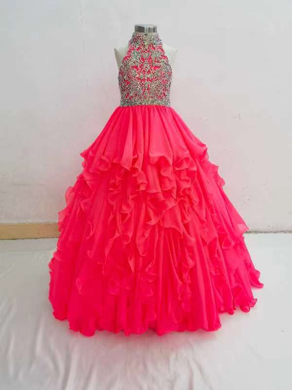 Halter Beaded Bodice Little Girl Fuchsia Vogue Gorgeous Long Pageant Dress - CupcakePageantDress