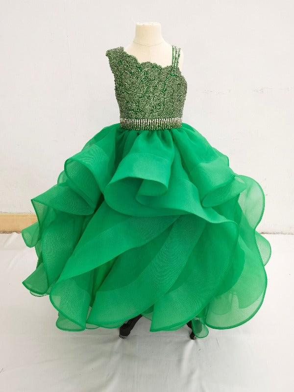 Custom Made Green Beaded Bodice Children Glitz Pageant Dress