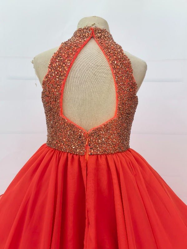 Halter Beaded Bodice Little Girl Red Nobler Ball Gown - CupcakePageantDress