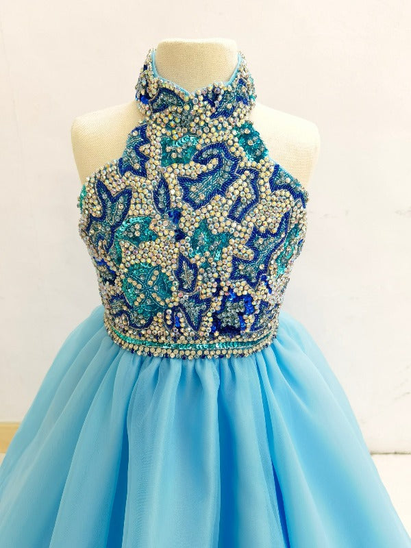 Glitz Beaded Bodice Little Girl Open Back Sky Blue Child Pageant Gown