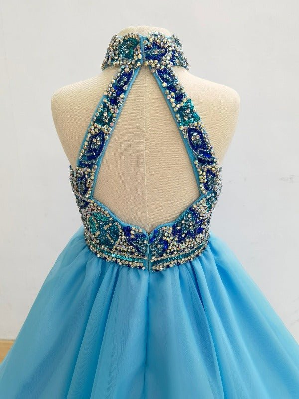 Glitz Beaded Bodice Little Girl Open Back Sky Blue Child Pageant Gown - CupcakePageantDress