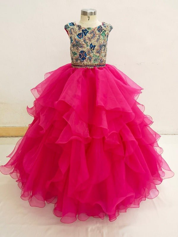 Cap Sleeve Glitzy Beaded Bodice Little Girl Charming Fuchsia Ball Gown - CupcakePageantDress