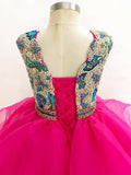 Cap Sleeve Glitzy Beaded Bodice Little Girl Charming Fuchsia Ball Gown - CupcakePageantDress