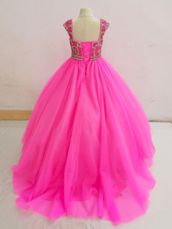 Trendy Fuchsia Organza Straps Puffy Ball Party Gown GCH0170