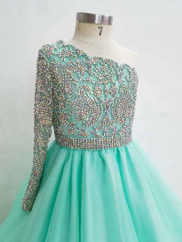 One Shoulder Glitzy Beaded Bodice Mint Teen's Pageant Ball Gown - CupcakePageantDress