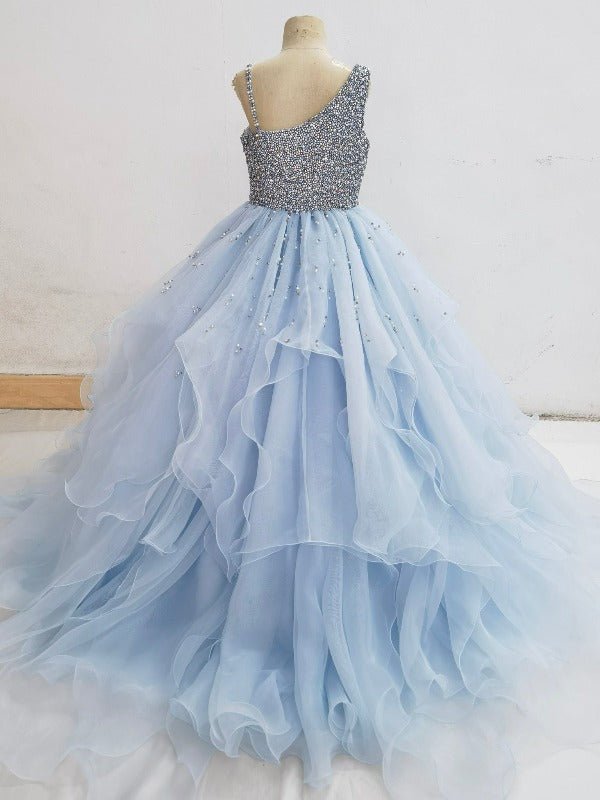 Elegant One Shoulder Sky Blue Little Girls Sparkly Gowns - CupcakePageantDress