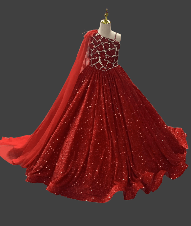Glitzly Beaded Bodice Red Formal Pageant Dress with Detachable Cape - CupcakePageantDress