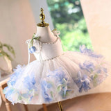 Elegant White & Pastel Blue Flower Girl Princess Dress