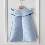 Light Blue Satin Dress with Chic Bow Collar and Pearl Embellishments - CupcakePageantDress