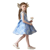 Elegant Back View of Girl in Floral Dress and Winged Accessory