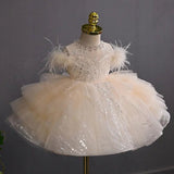 Sparkling Champagne Feather & Sequin Princess Tulle Dress for Girls - CupcakePageantDress