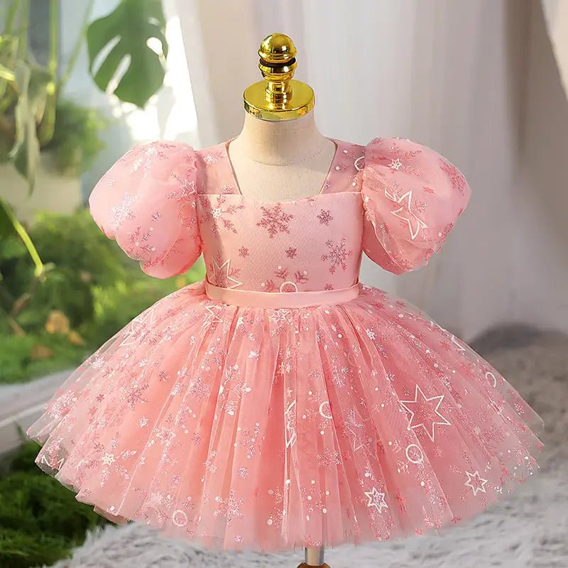 Pink Sparkly Princess Dress for Toddler Girls with Puff Sleeve