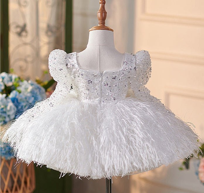 Little Child White Pageant Dress with Beaded and Feather - CupcakePageantDress