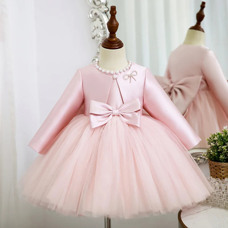 Baby Girl Party Dress with Pearl Collar and Big Bows