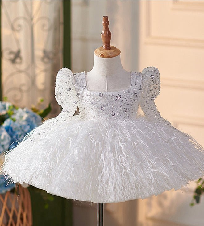 Little Child White Pageant Dress with Beaded and Feather - CupcakePageantDress