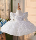 Little Child White Pageant Dress with Beaded and Feather - CupcakePageantDress