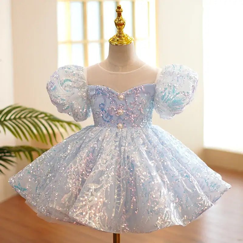 Iridescent Sequined Puff Sleeve Ball Gown with Pearl Details - CupcakePageantDress
