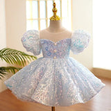 Iridescent Sequined Puff Sleeve Ball Gown with Pearl Details - CupcakePageantDress