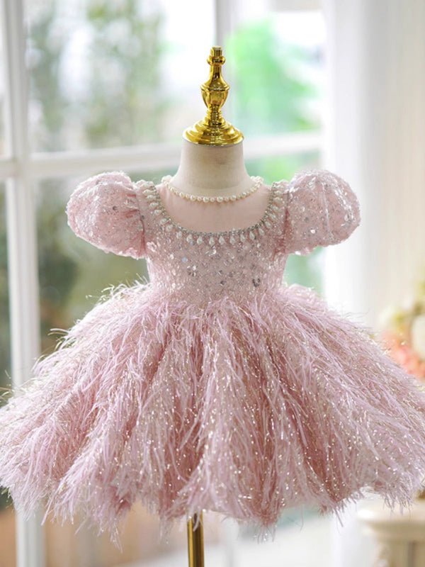 Little Girls Pink Pageant Dress with Beaded and Feather - CupcakePageantDress