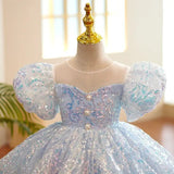 Iridescent Sequined Puff Sleeve Ball Gown with Pearl Details - CupcakePageantDress