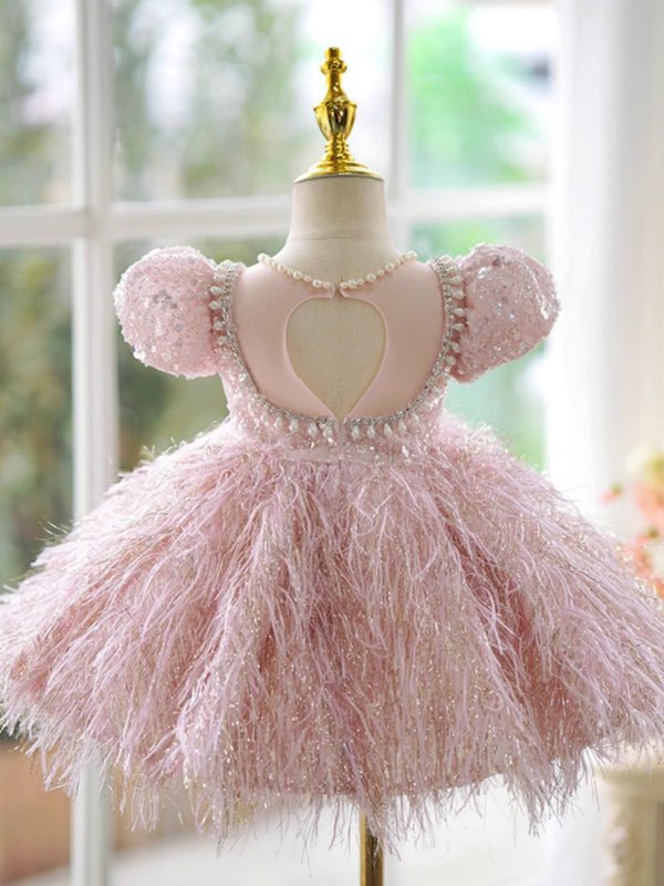 Little Girls Pink Pageant Dress with Beaded and Feather - CupcakePageantDress