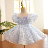 Iridescent Sequined Puff Sleeve Ball Gown with Pearl Details - CupcakePageantDress